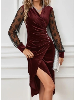 Kadın Uzun Kollu Kruvaze Yakalı Yandan Düğmeli önden çapraz Kesin Detaylı Midi Kadife Elbise