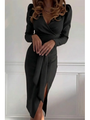 Kadın Uzun Kollu Kruvaze Yakalı Yandan Yırtmaçlı Belden Kuşaklı Midi Ithal Krep Elbise