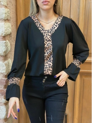 Kadın Uzun Kollu Leopar V Yakalı Krep Bluz