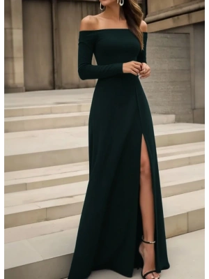 Kadın Uzun Kollu Madonna Yakalı Yırtmaç Detaylı Uzun Ithal Krep Elbise