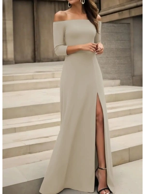 Kadın Uzun Kollu Madonna Yakalı Yırtmaç Detaylı Uzun Ithal Krep Elbise