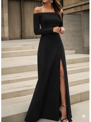 Kadın Uzun Kollu Madonna Yakalı Yırtmaç Detaylı Uzun Ithal Krep Elbise