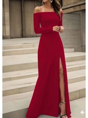 Kadın Uzun Kollu Madonna Yakalı Yırtmaç Detaylı Uzun Ithal Krep Elbise