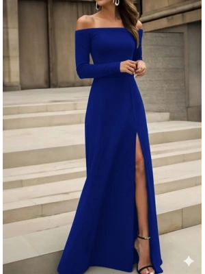 Kadın Uzun Kollu Madonna Yakalı Yırtmaç Detaylı Uzun Ithal Krep Elbise