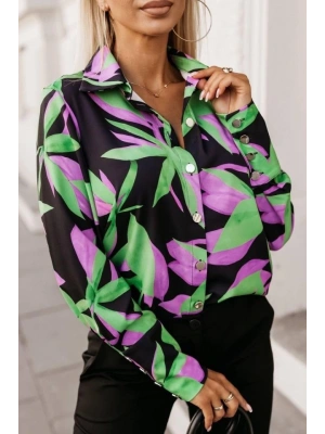 Kadın Uzun Kollu Metal Düğme Detay çiçek Baskılı Mosskrep Kumaş Gömlek