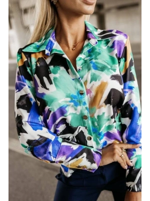 Kadın Uzun Kollu Metal Düğme Detay Renk Baskılı Mosskrep Kumaş Gömlek