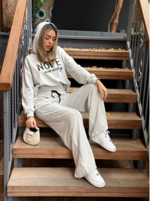 Kadın Uzun Kollu Nope Baskılı Beli Ribanalı Ikili Takım