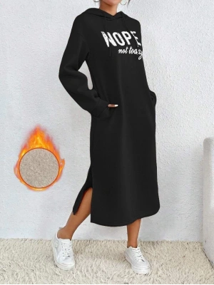 Kadın Uzun Kollu Nope Yazılı Kapüşonlu Yırmaç Detay Midi Boy Elbise