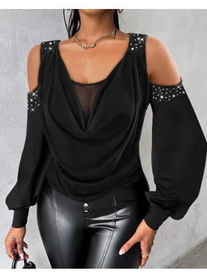 Kadın Uzun Kollu Omuz Dekolte Ve Taş Detaylı Degaje Tüllü Yaka Sandy Bluz