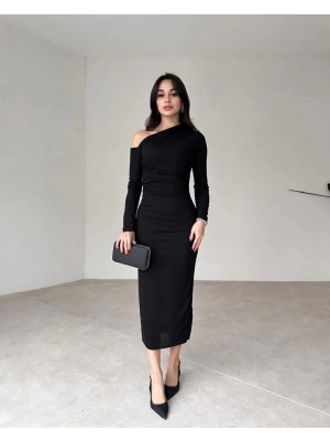 Kadın Uzun Kollu Omuz Dekolteli Içi Astarli Midi Boy Tül Elbise