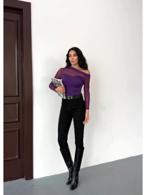 Kadın Uzun Kollu Omuz Dekoltesi Ve Transparan Tül Detay Bluz