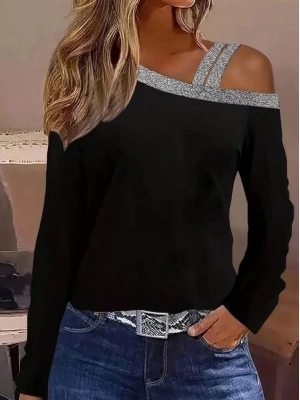 Kadın Uzun Kollu Omuzdan Askılı Sim Detaylı Viskon Iki Iplik Bluz