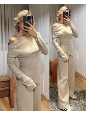 Kadın Uzun Kollu Omuzlardan Açık Asimetrik Kesim Kaşkorse Bluz Ve Pantolon Ikili Pantolon
