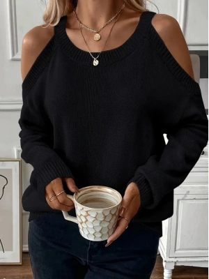 Kadın Uzun Kollu Omuzlardan Açık Askılı Triko Bluz