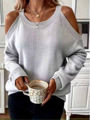 Kadın Uzun Kollu Omuzlardan Açık Askılı Triko Bluz