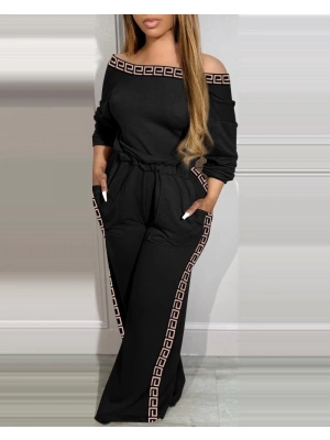 Kadın Uzun Kollu Omuzlardan Açık Beli Lastikli Cepli şerit Desenli Viskon Iki Iplik Tulum