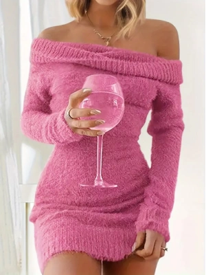 Kadın Uzun Kollu Omuzlardan Açık Kısa şardonlu Triko Elbise