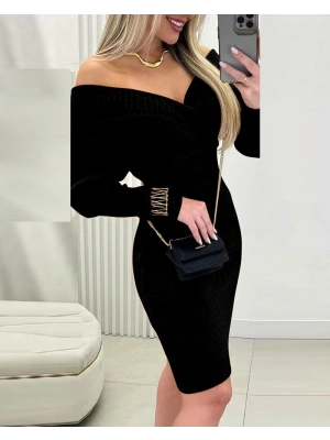 Kadın Uzun Kollu Omuzlardan Açık Kruvaze Yaka Kısa Triko Elbise