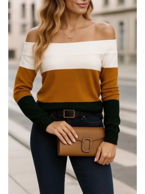 Kadın Uzun Kollu Omuzlardan Açık Uzun Kollu Blok çizgili Triko Bluz