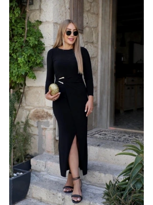 Kadın Uzun Kollu önden çapraz Detaylı Yandan Toka Detaylı Uzun Sandy Elbise