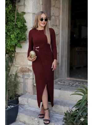 Kadın Uzun Kollu önden çapraz Detaylı Yandan Toka Detaylı Uzun Sandy Elbise