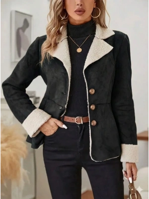 Kadın Uzun Kollu önden Düğmeli Cep Detaylı Kısa Süet Ceket
