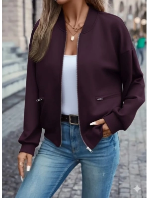 Kadın Uzun Kollu önden Fermuarlı Cepli Modal Mürdüm Ceket