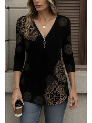 Kadın Uzun Kollu önden Fermuarlı Desenli Süprem Bluz