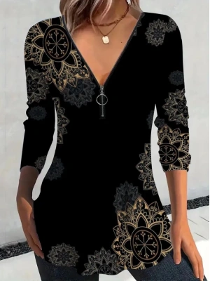 Kadın Uzun Kollu önden Fermuarlı Desenli Süprem Bluz