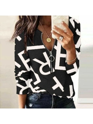 Kadın Uzun Kollu önden Fermuarlı Harf Baskılı şardonlu Dalgıç Bluz