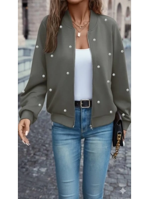 Kadın Uzun Kollu önden Fermuarlı Incili Kısa Modal Ceket