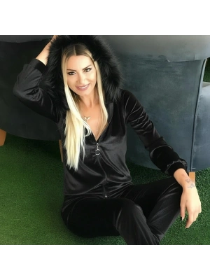 Kadın Uzun Kollu önden Fermuarlı Kapşon Tüy Detaylı Kadife Bluz Ve Pantolon Ikili Takım