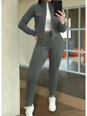 Kadın Uzun Kollu önden Fermuarlı Kısa Modal Ceket Ve Pantolon Ikili Takım