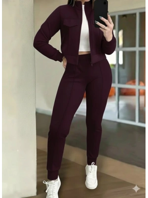 Kadın Uzun Kollu önden Fermuarlı Kısa Modal Mor Ceket Ve Pantolon Ikili Takım