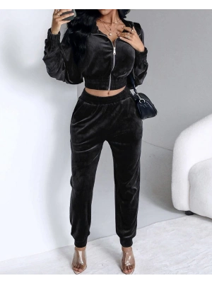 Kadın Uzun Kollu önden Fermuarlı Krop Kadife Ceket Ve Pantolon Ikili Takım
