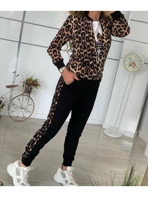 Kadın Uzun Kollu önden Fermuarlı Leopar Desen Detaylı Viskon Iki Iplik Kumaş Ikili Takım