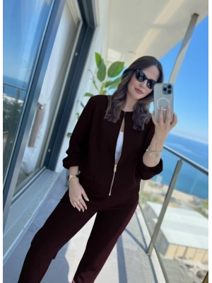 Kadın Uzun Kollu önden Fermuarlı Modal Ceket Ve Pantolon Ikili Takım