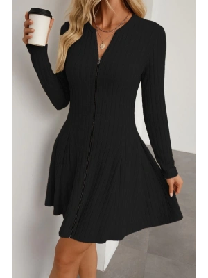 Kadın Uzun Kollu önden Fermuarlı Pileli şardonlu Kaşkorse Mini Elbise