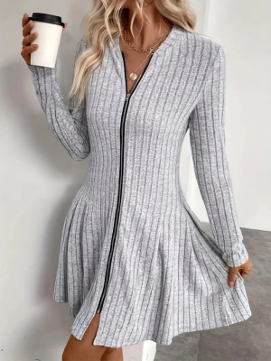 Kadın Uzun Kollu önden Fermuarlı Pileli şardonlu Kaşkorse Mini Elbise