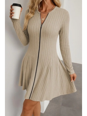 Kadın Uzun Kollu önden Fermuarlı Pileli şardonlu Kaşkorse Mini Elbise