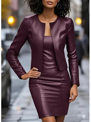 Kadın Uzun Kollu önü Açık Deri Ceket Ve Askılı Yuvarlak Yakalı Mini Elbise Ikili Takım