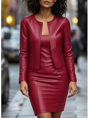 Kadın Uzun Kollu önü Açık Deri Ceket Ve Askılı Yuvarlak Yakalı Mini Elbise Ikili Takım