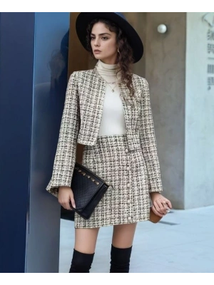 Kadın Uzun Kollu önü Açık Düğme Detaylı Dokuma Ceket Etek Ikili Takım