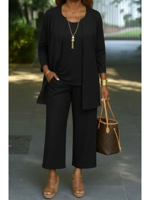Kadın Uzun Kollu önü Açık Modal Ceket Kolsuz Viskon Iki Iplik Bluz Ve Pantolon üçlü Takım
