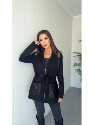 Kadın Uzun Kollu önü Fermuarlı File Detaylı Belden Bağcıklı Kısa Modal Ceket