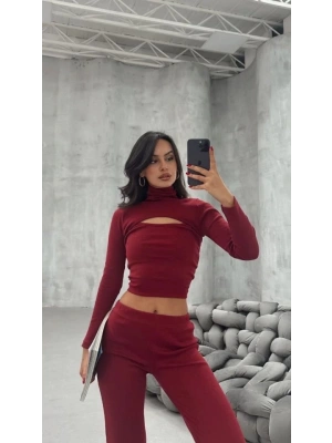 Kadın Uzun Kollu Pencere Detay Göğüs Dekolteli Bluz Ve Bol Paça Pantolon Ikili Takim