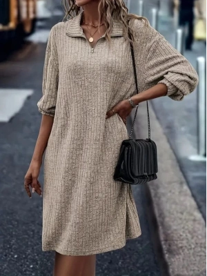 Kadın Uzun Kollu Polo Yaka Fermuar Detaylı şardonlu Kaşkorse Mini Boy Elbise