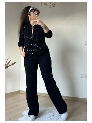 Kadın Uzun Kollu Pul Payet Detay Fermuarlı Iki Iplik Kumaş Ikili Takım