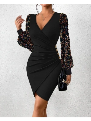 Kadın Uzun Kollu Pul Payetli Kruvaze Yaka Yandan Düğmeli Kısa Ithal Krep Elbise