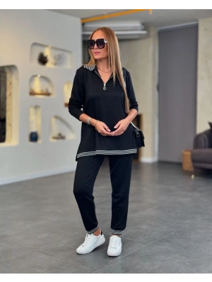 Kadın Uzun Kollu Ribana Ve Fermuar Detay Bluz Ve Yüksel Bel Pantolon 2li Takım